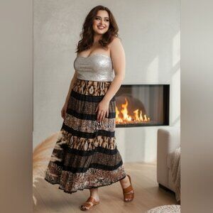 Life Style Size 1X Mixed Media Pull On Hippie Boho Full Maxi Prairie Skirt